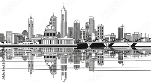 Detailed black and white city skyline illustration with reflections. Modern urban landscape with buildings, bridge, and water reflection.