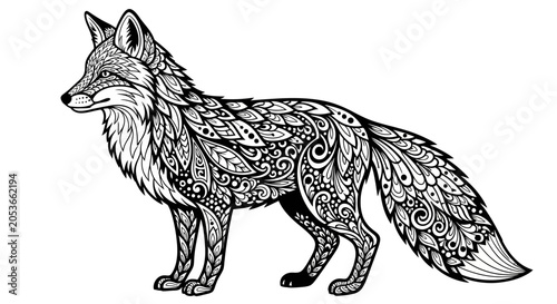 Intricate Zentangle Fox Illustration. Ornate Black and White Animal Art with Decorative Patterns. Stylized Wildlife Vector Graphic.