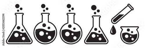 Set of laboratory glass icons featuring beakers and test tubes for scientific research.