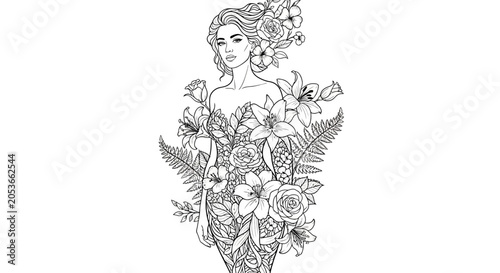 Beautiful woman with botanical dress and flowers in hair, detailed nature-inspired line art illustration for coloring book.