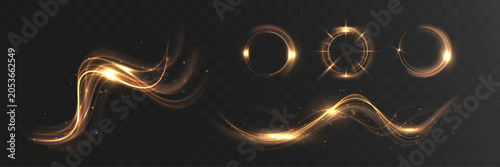 Set Of Glowing Golden Light Effects With Energy Waves, Sparkling Rings, Lens Flares And Futuristic Luxury Elements Isolated On Transparent Background