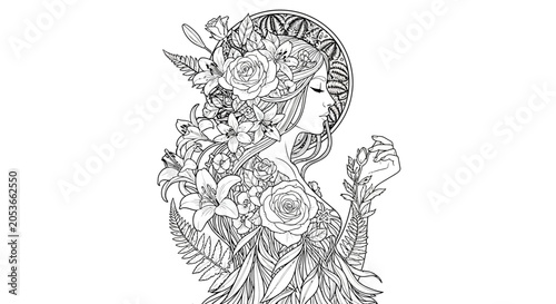 Elegant woman adorned with intricate botanical elements and flowers, detailed line art illustration, perfect for adult coloring books, nature goddess concept.