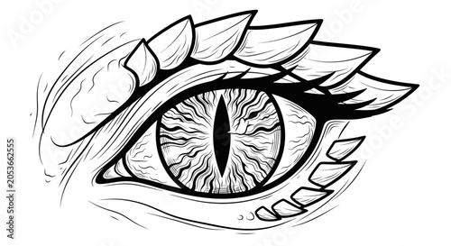 Detailed Stylized Dragon Eye Illustration, Black and White Reptilian Gaze with Vertical Slitted Pupil and Scales, Fantasy Creature Vision