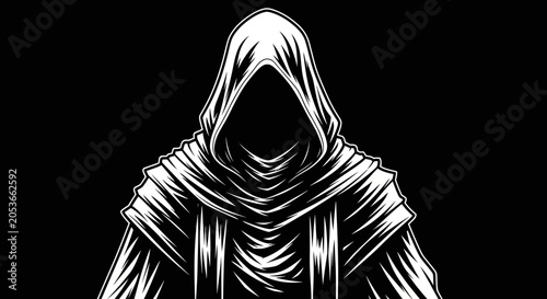 Ominous Hooded Figure Illustration in Black and White. Mysterious Dark Cloaked Silhouette with Hidden Face.