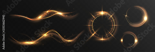 Set Of Glowing Golden Light Effects With Energy Waves, Sparkling Rings, Lens Flares And Futuristic Luxury Elements Isolated On Transparent Background