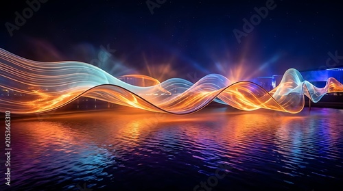 Abstract flowing light waves over dark water surface at night with abstract reflection particle