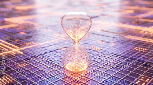 Hourglass standing on illuminated abstract data network grid with hourglass abstract technology