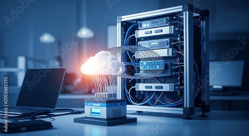 Cloud computing network architecture with server rack and digital cloud icon in data center office
