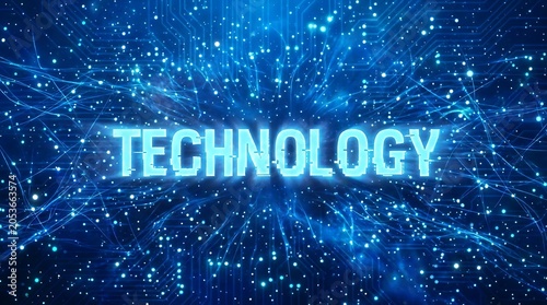 Glowing technology text concept with digital data network particles technology particles abstract