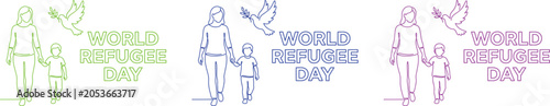 Foto World refugee day line art family with dove multiple colors
