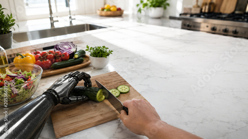 Person with prosthetic arm preparing fresh vegetables in modern kitchen