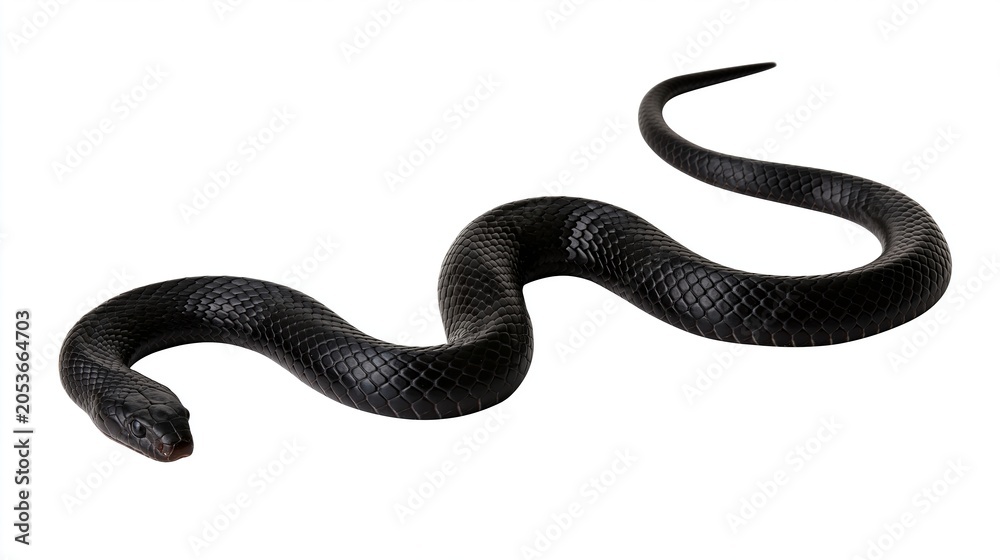 Obraz premium Single glossy black snake slithering across the studio floor captured in sharp detail on white background