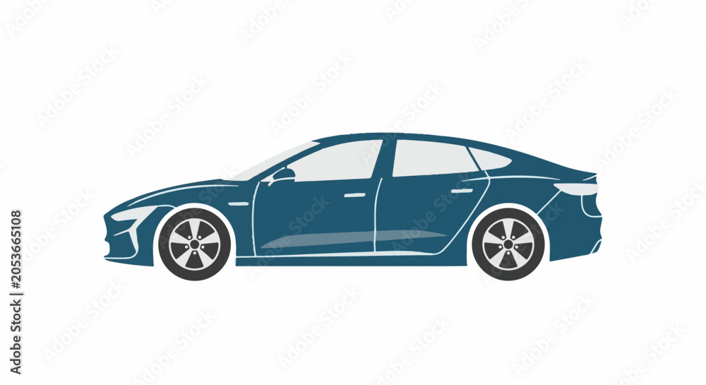 Fototapeta premium Sleek, dark blue sedan with minimalist design, white trim, and dark wheels