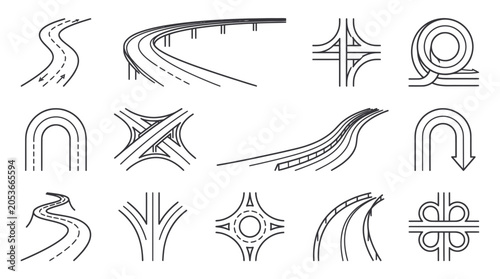 Collection of road and highway interchange icons, traffic junctions, and curves