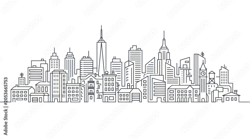 Fototapeta premium Modern City Skyline Outline Drawing - Urban Landscape Vector Illustration