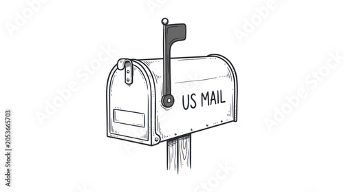 Foto Hand-drawn sketch of a classic US Mailbox on a wooden post, isolated on white