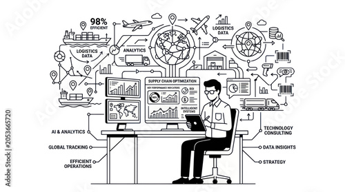 Logistics Optimization Concept: Man Analyzing Data for Global Supply Chain Efficiency