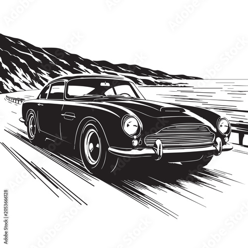 Fotografie Classic vintage car driving on coastal road, elegant black and white illustratio