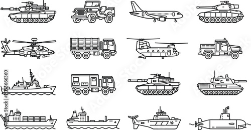Φωτογραφία Military Vehicles and Armed Forces Transport Icon Set featuring Tanks, Helicopte
