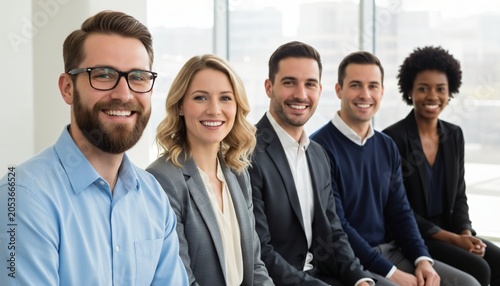 A diverse group of five smiling business professionals sitting together in a modern office setting.