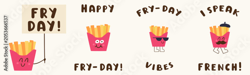 Photos Cute french fries characters set with funny fry day summer fast food quotes