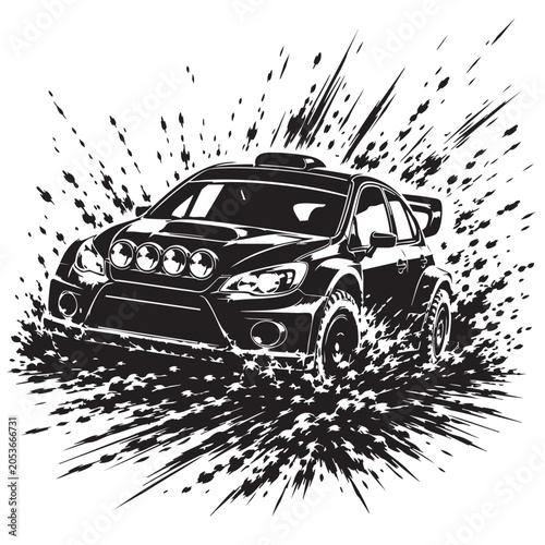 Valokuva Rally car splashing mud and dirt aggressively during off-road race in black and