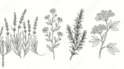 Hand drawn botanical collection of medicinal herbs and flowers.