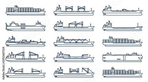 Various Types of Cargo and Passenger Ships Line Drawings