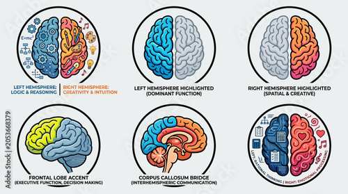 Educational infographics set showing human brain anatomy and hemispheric functions.