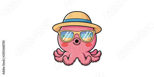 Fotografie Cute pink octopus wearing a summer straw hat and sunglasses vector illustration
