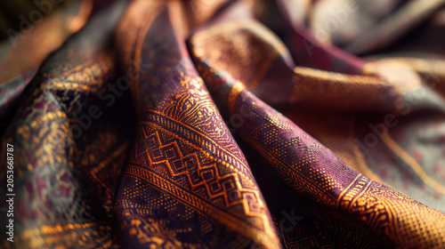 Luxurious fabric with intricate gold embroidery patterns on deep burgundy textile. Close-up detail of rich ornamental weaving showcasing traditional craftsmanship and elegant design.