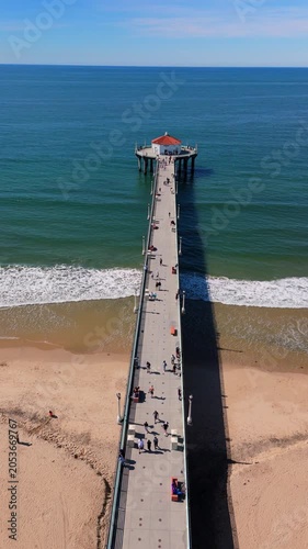 Vertical Aerial View of Manhattan Beach Pier and Pacific Ocean California USA