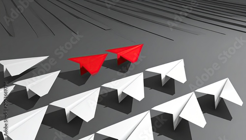 Red planes lead white planes on grey surface, showing direction