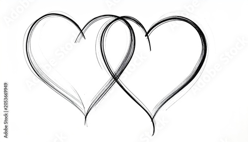 Two hand-drawn black hearts intertwined on a white background