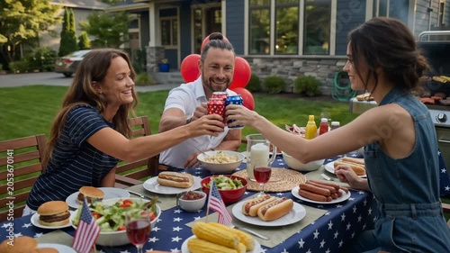Friends Toasting with Drinks at Fourth of July BBQ Table — Patriotic Celebration with Burgers, Hot Dogs and American Flags