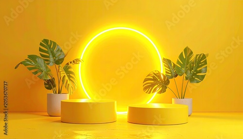 Two yellow pedestals with neon ring and tropical plants on yellow