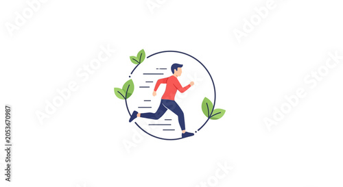 Fotografie A flat vector illustration of a person running inside a circular frame with leav