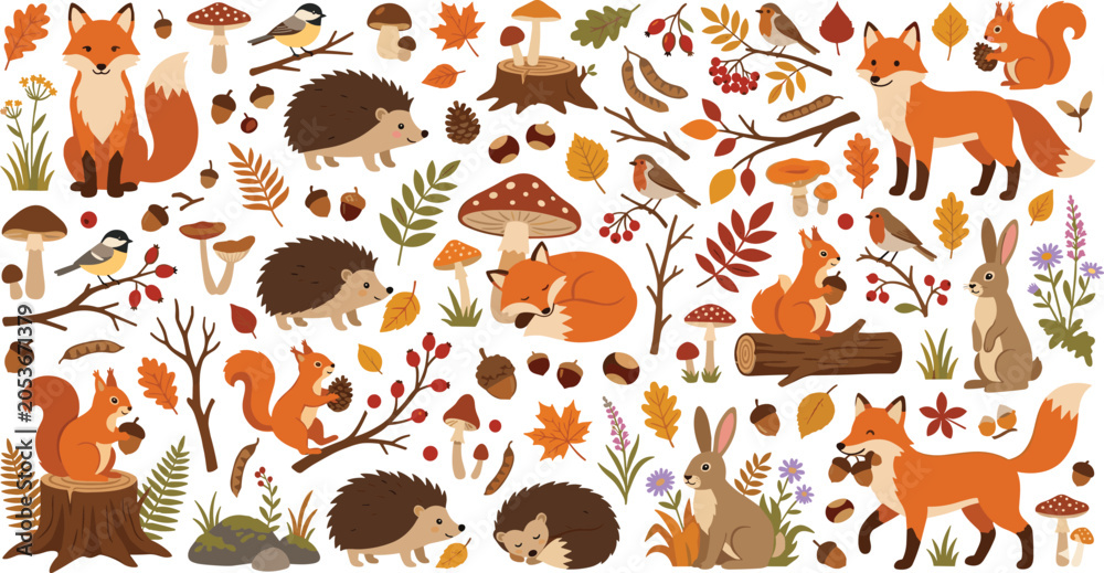 Fototapeta premium Cute Autumn Woodland Animal Clipart Vector Set Featuring Adorable Foxes, Hedgehogs, Squirrels, Rabbits, Wild Birds, Forest Mushrooms, Tree Stumps, and Falling Leaves
