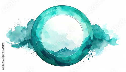 Circular teal watercolor design, mountains, ink splashes, white center