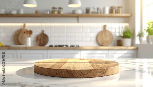 Empty wooden board on sunlit marble counter in modern kitchen