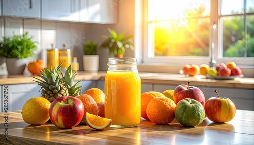 Bright kitchen, fresh citrus juice bottle surrounded by ripe fruits