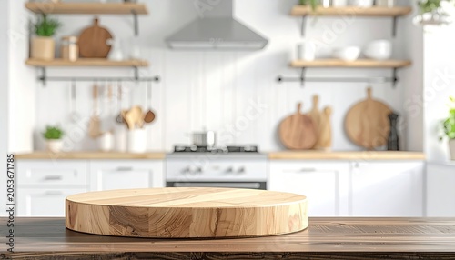 Wooden cutting board on table, blurred modern white kitchen