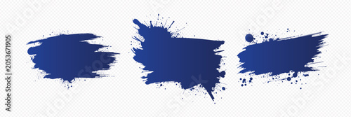 Blue paint brush strokes and splatters on transparent background