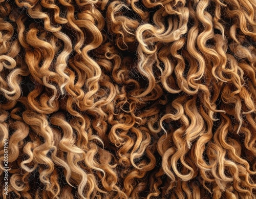 Close-up of textured, curly, golden-brown fibers tangled together