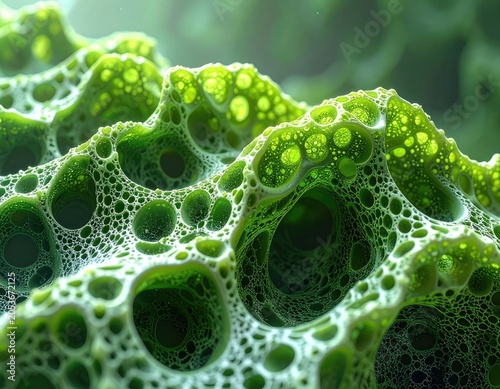 Macro view of bubbly, porous, green organic structures with bright highlights