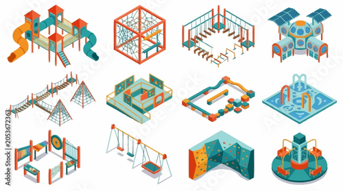 Collection of isometric playground equipment and structures for children's entertainment and recreation.