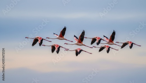 A flock of flamingos flying in formation against a soft blue and pink sky at sunset.
