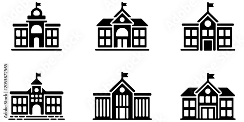 Quadro su tela school building icons in black silhouette style featuring academic campus archit