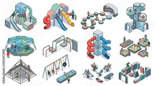 Collection of isometric playground equipment and structures for children's entertainment and recreation.