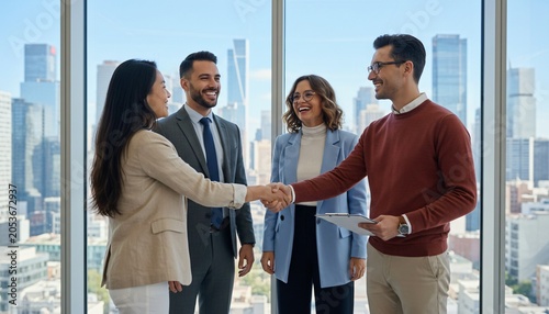 Diverse business professionals shaking hands and smiling in a modern office with a city view.